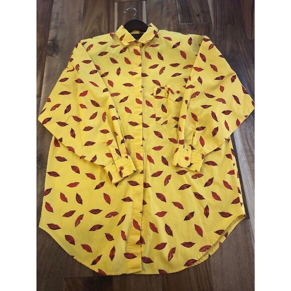 PASTA Crazy 80s Yellow Red Lips Button-Up Shirt Sz Small RARE Lipstick y2k VGT - Picture 5 of 9